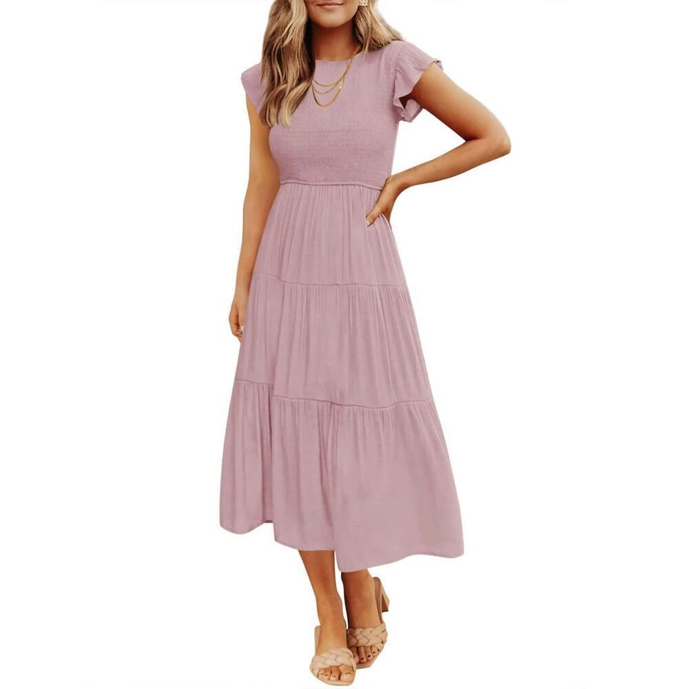 Pink small dress Casual Ruffle Short Sleeve Smocked Tiered A Line Midi Dress